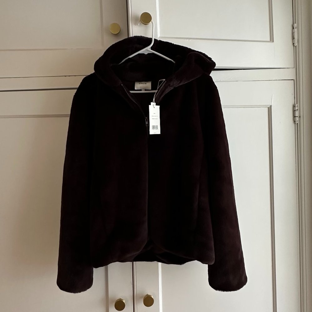 New-! Vince Faux Fur Zip Up Jacket with hood